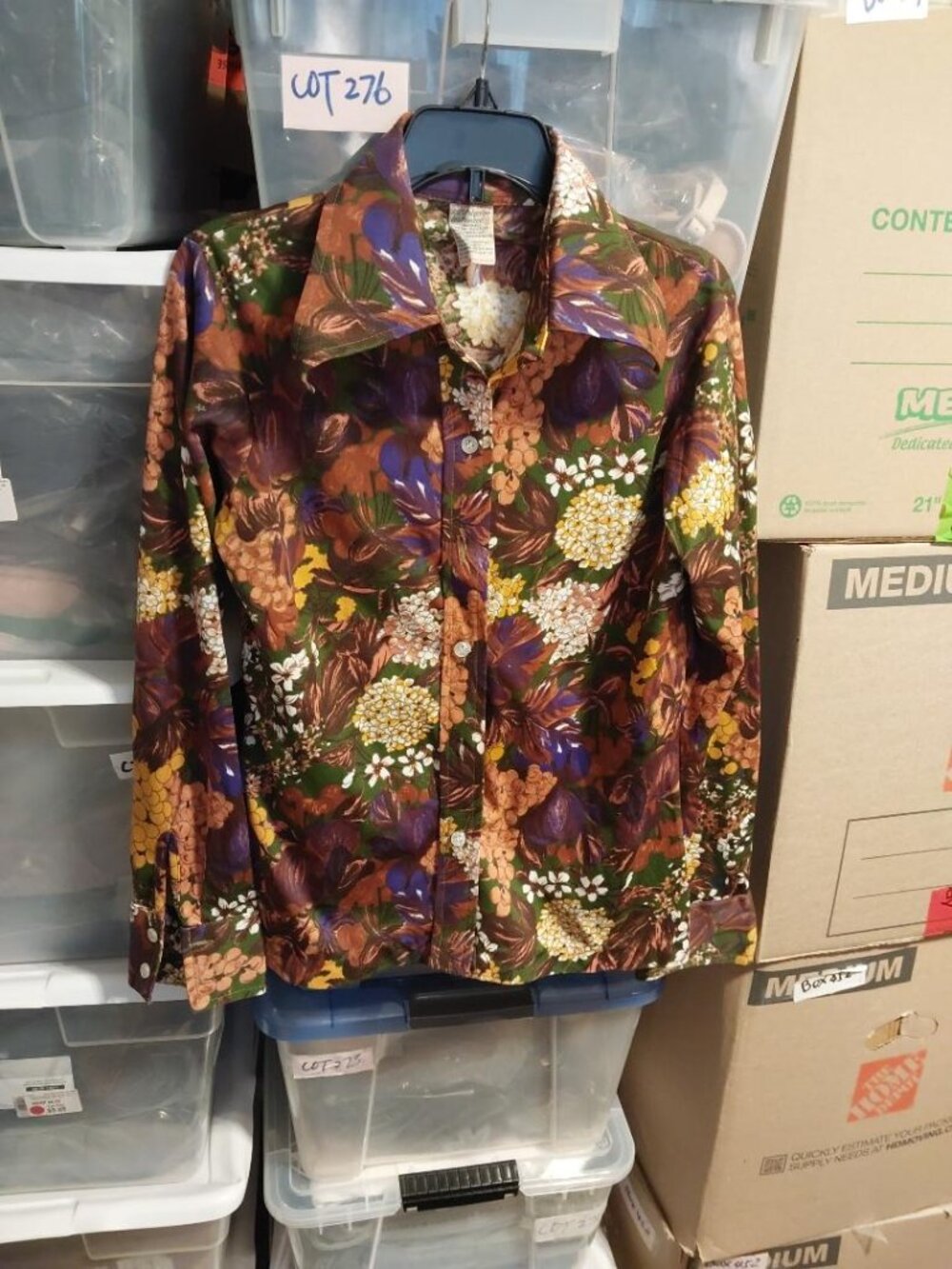 Vintage Double Knit Button Down Shirt Brown Orang Purple Floral Print Collar SzM